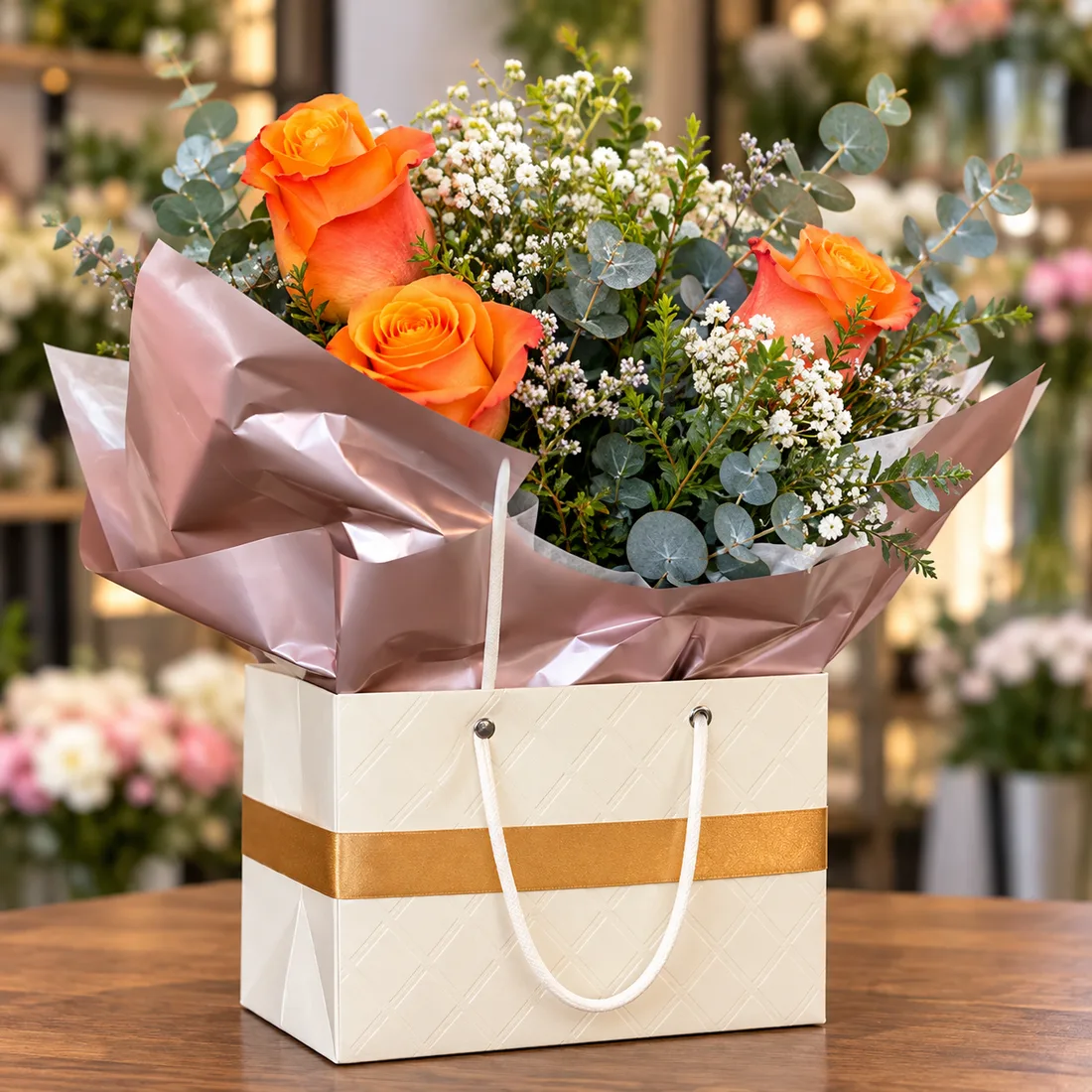 Ramo de rosas naranjas con flores blancas y eucalipto en bolsa clara