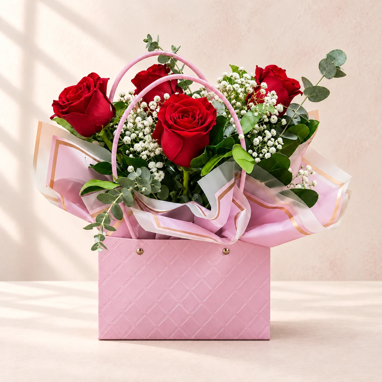 Ramo de rosas rojas y flores blancas en bolsa rosada sobre un fondo cálido y luminoso