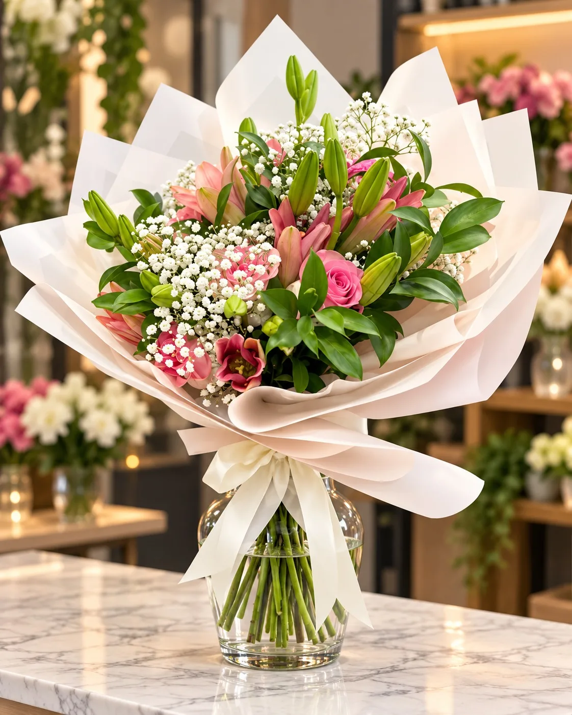 Ramo de lirios rosados, rosa rosada y pequeñas flores blancas